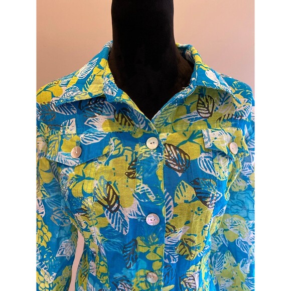 Ruby Rd. Button Down Blouse Sz 14 Turquoise Blue Lime Green Tropical Top Sheer - Picture 2 of 11